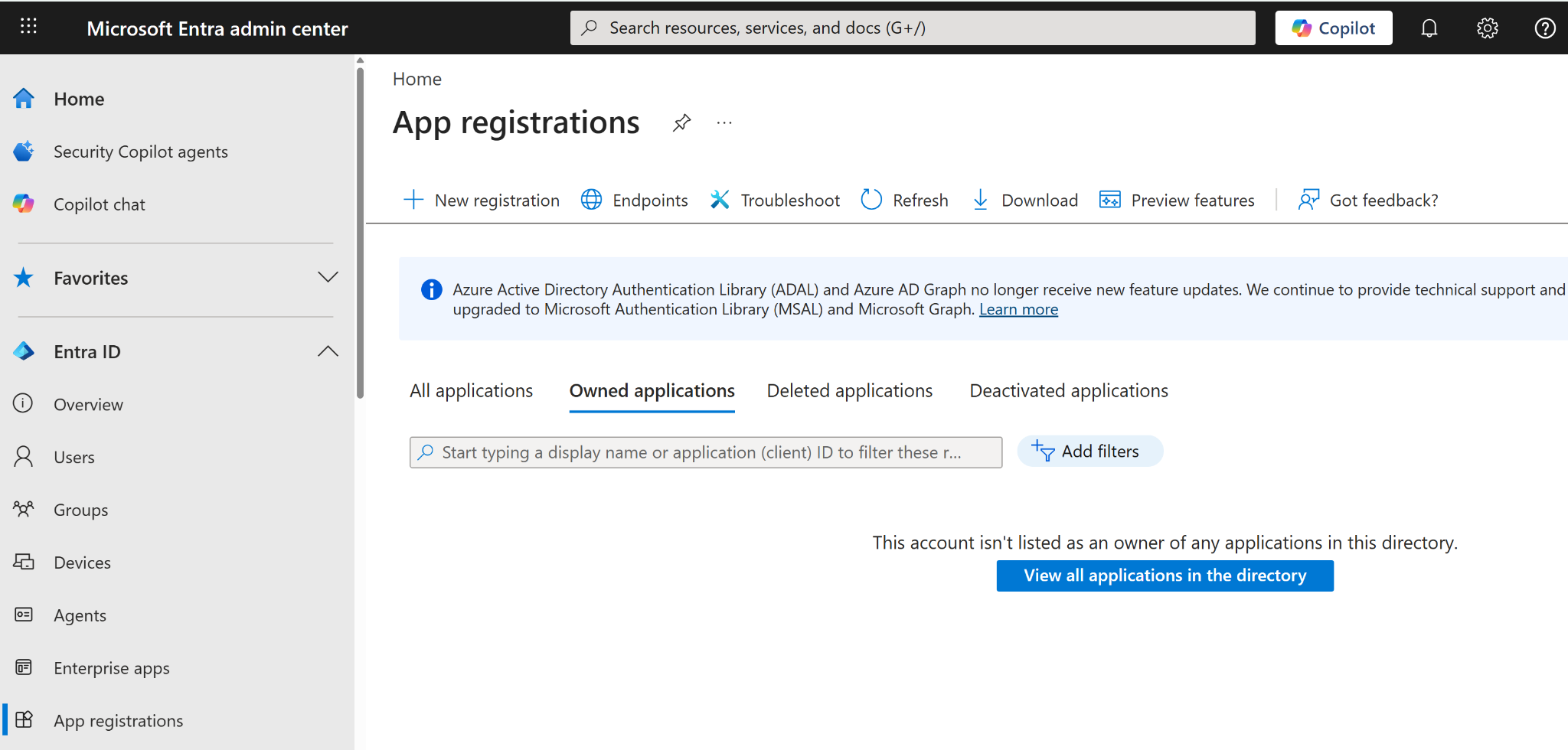 Entra admin center — App registrations